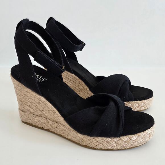 Toms Shoes - TOMS Black Jute Heel Wedge Espadrille Sandals Open Toe Ankle Strap Size 8